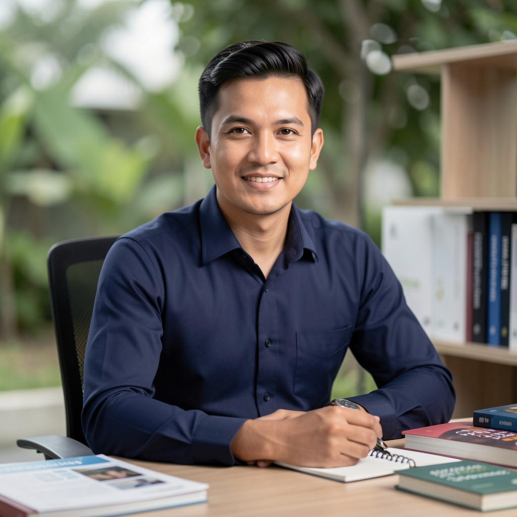 Portrait of a professional male wellness specialist seated at a modern desk in a Jakarta studio, wearing a fitted navy shirt, soft directional studio lighting, surrounded by reference books and notebooks