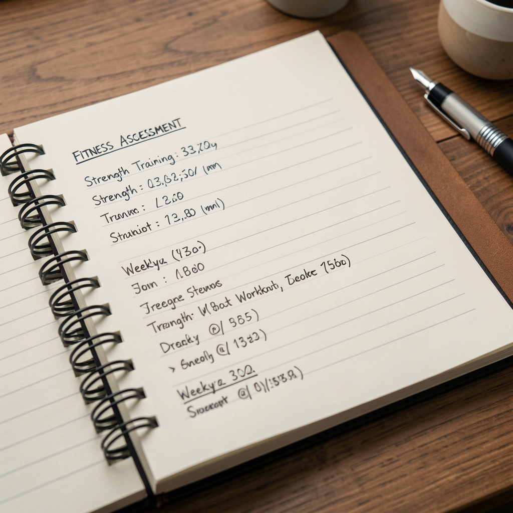 Close-up of a fitness assessment notebook with handwritten strength training metrics and weekly workout schedule on a wooden desk