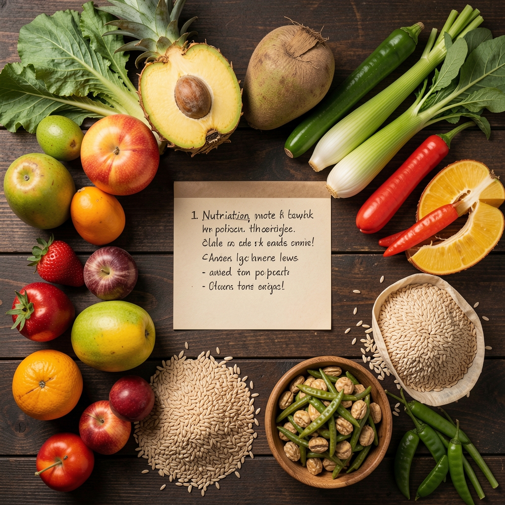 Flat lay of fresh Indonesian market produce including tropical fruits, vegetables, and whole grains arranged on a dark wooden surface with a handwritten nutrition notes card